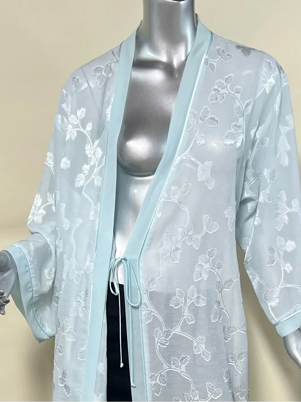 Oscar de la Renta Pink Label Floral Semi Sheer Aqua Light Blue Long Robe LARGE